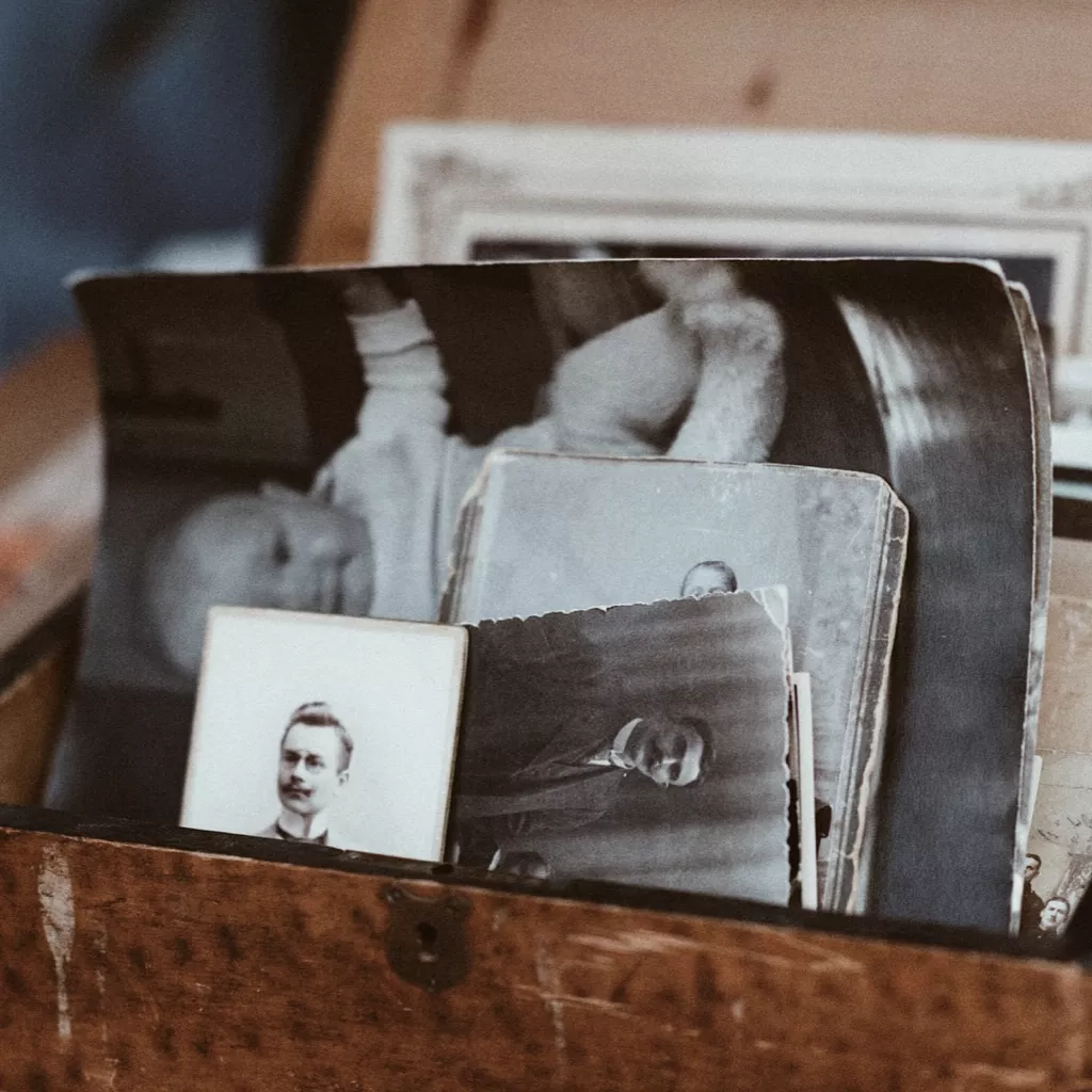 A box of old family photographs.